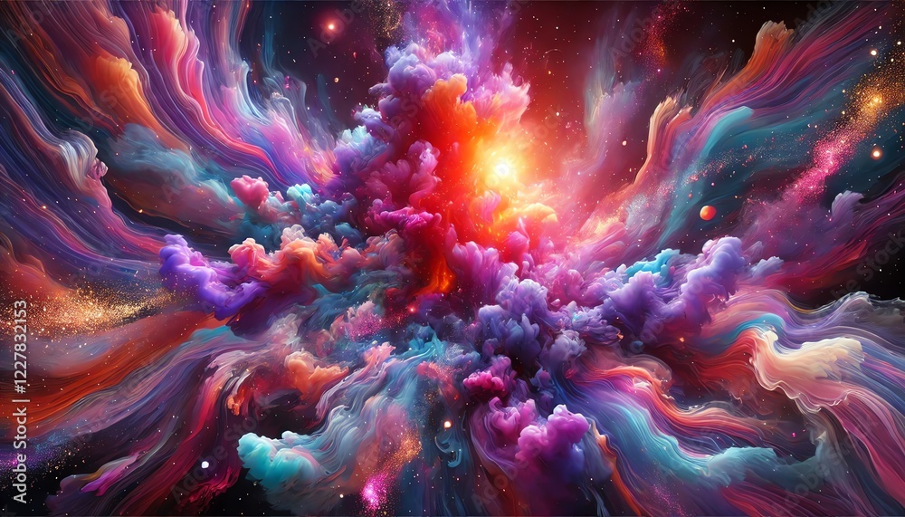 Obraz premium An abstract digital painting of a cosmic, nebula-like explosion of colors with deep purples, vivid magentas, fiery oranges, and subtle pink