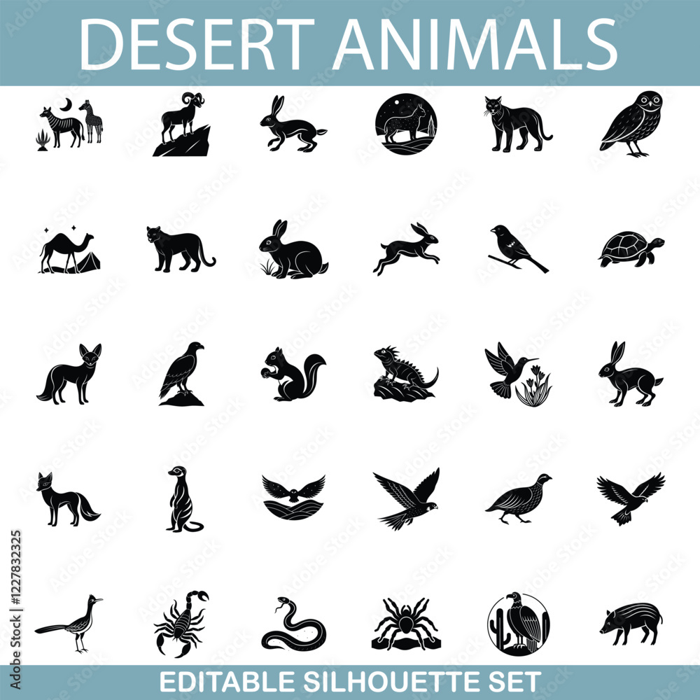 Fototapeta premium Desert Animals Editable Silhouette Set of Wildlife Icons