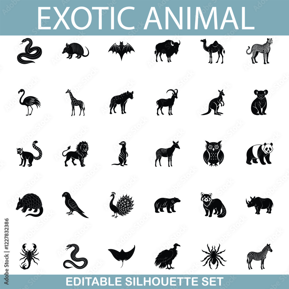 Fototapeta premium Flightless Bird Silhouettes Ostrich, Kiwi, Penguin Icons Set