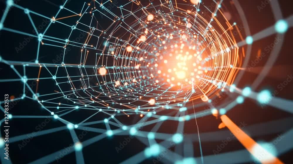 Digital network tunnel with glowing connection points and futuristic light effects. Technology and innovation concept
