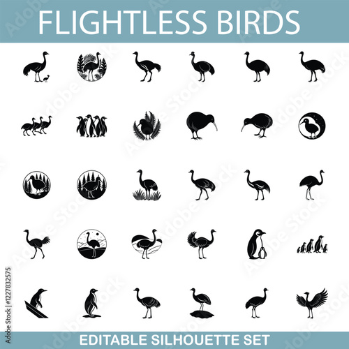 Flightless Bird Silhouettes Ostrich, Emu, Kiwi, Penguin Icons