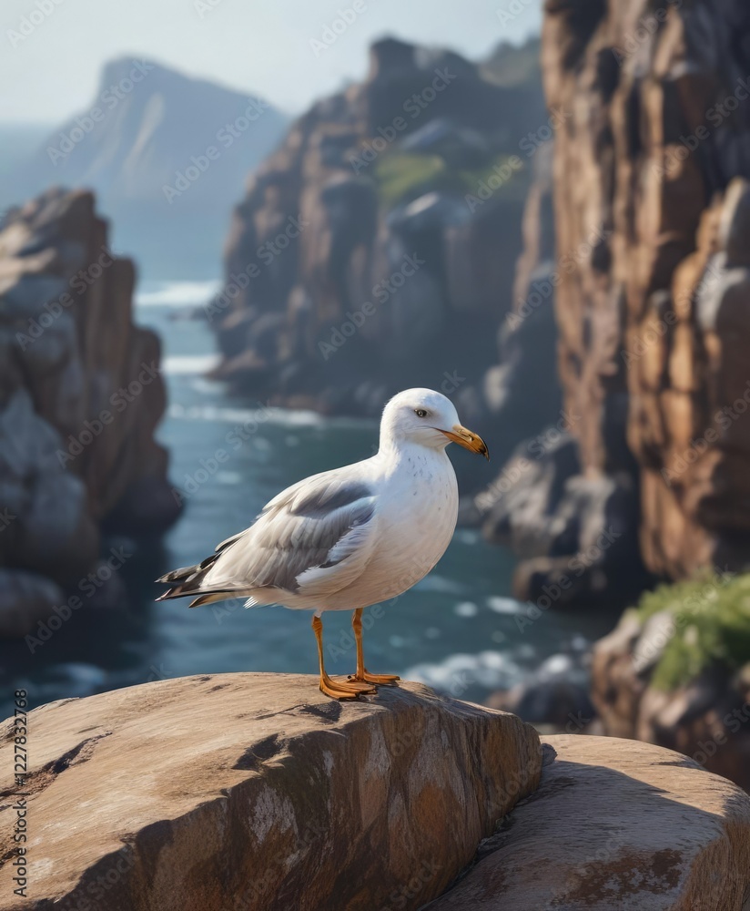 Seagull squawks loudly from a solitary perch atop a weathered boulder, loud noise, vocalization, terrain Seagull squawks loudly from a solitary perch atop a weathered boulder, loud noise, vocalization, terrain