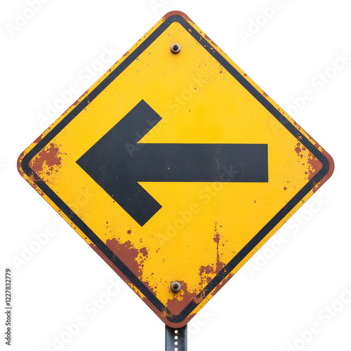 Rusty Yellow Road Sign Arrow Pointing Left, Isolated, Transparent Background, Directional Sign