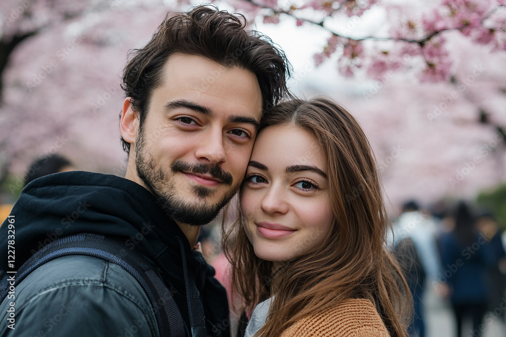 Generative AI depiction of a young couple enjoying Japan's spring park with cherry blossoms in full bloom Generative AI depiction of a young couple enjoying Japan's spring park with cherry blossoms in full bloom