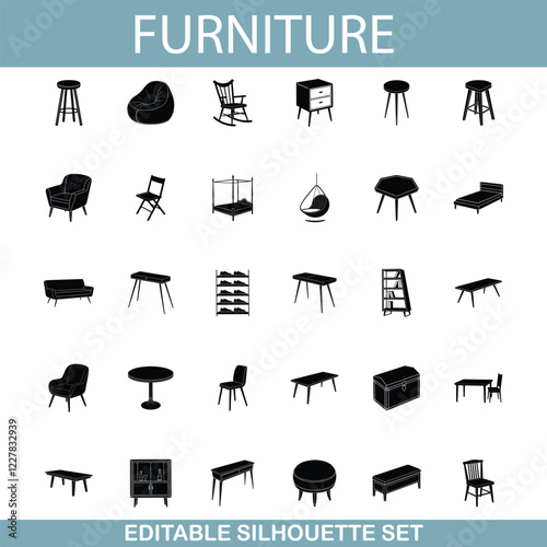 Editable Furniture Silhouette Set Chairs, Tables, Beds, Stools
