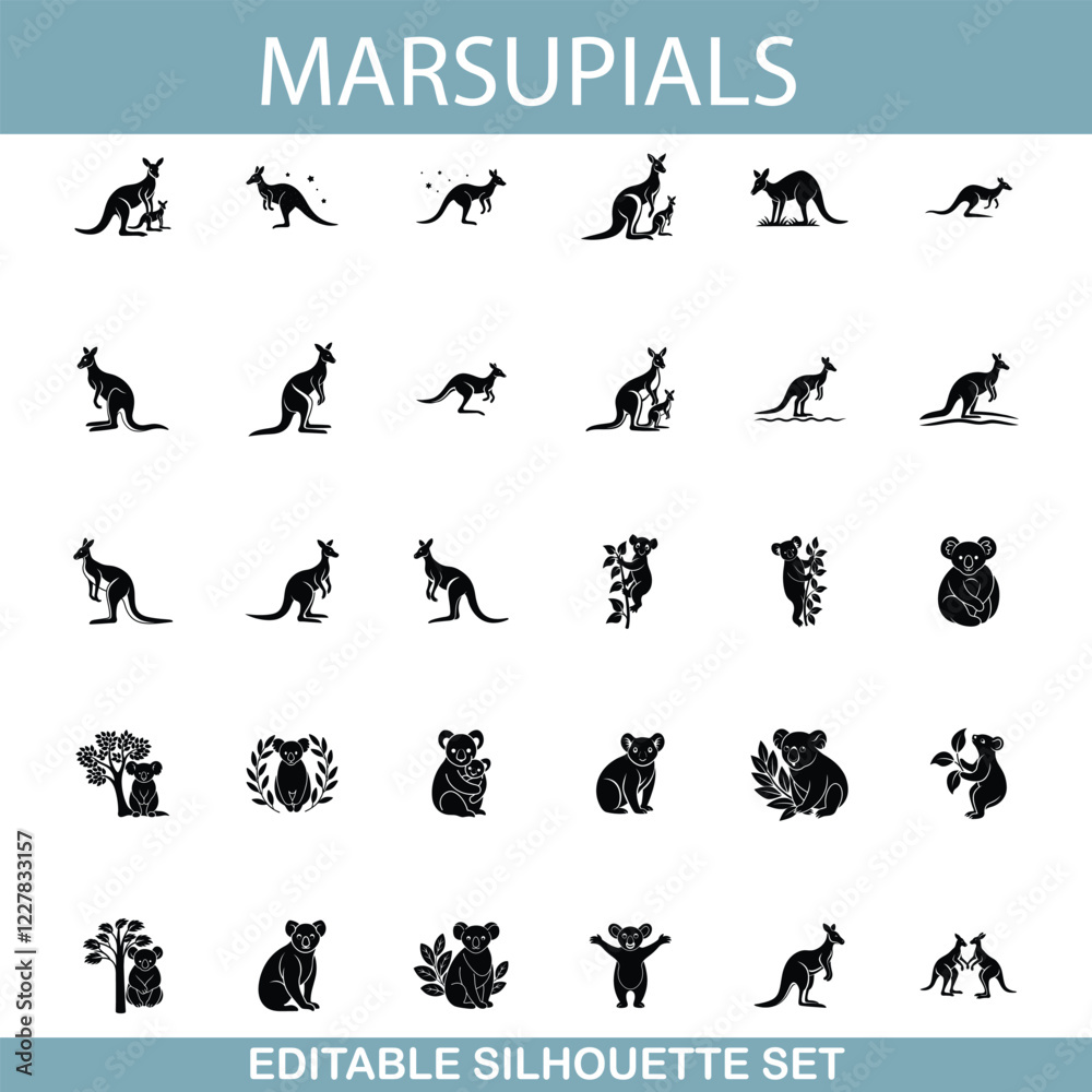 Fototapeta premium Australian Marsupials Kangaroo and Koala Silhouette Icon Set