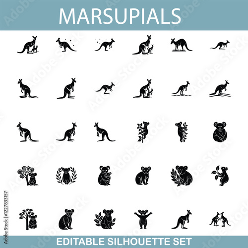 Australian Marsupials Kangaroo and Koala Silhouette Icon Set