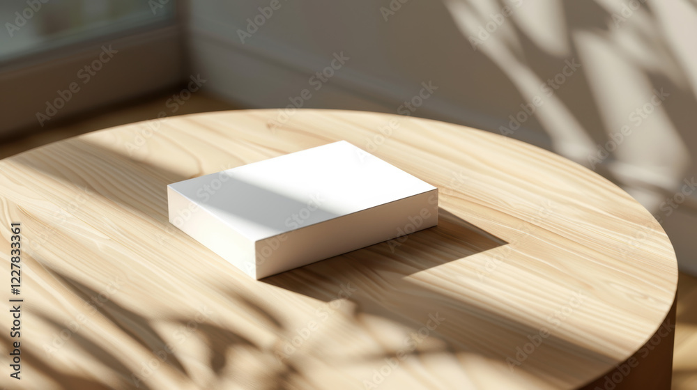 A white box sits on a wooden table. A white box sits on a wooden table.