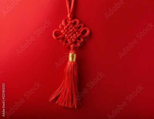 traditional red knot with tassels hanging on vibrant red background photo