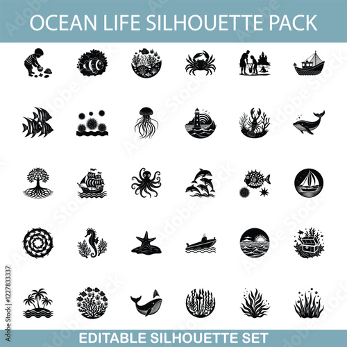 Ocean Life Silhouette Pack Editable Vector Icons Set
