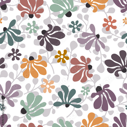 Flowers, colorful, hand drawn flowers in bed colors, summer, seamless pattern