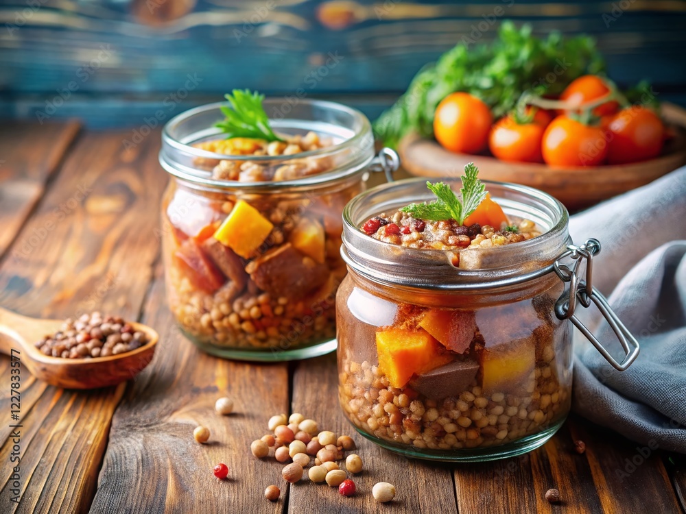 Delicious Canned Pork & Buckwheat: Two Glass Jars of Hearty Preserved Meal - Stock Photo Delicious Canned Pork & Buckwheat: Two Glass Jars of Hearty Preserved Meal - Stock Photo