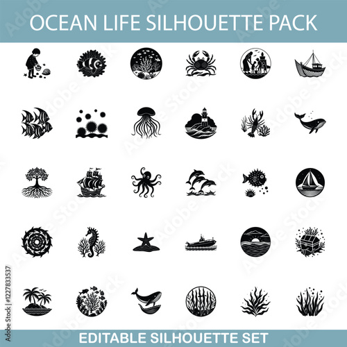 Ocean Life Silhouettes Editable Vector Graphics Pack Download