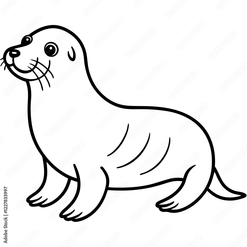 Fototapeta premium Cute Sea Lion Silhouette Line Art Black Vector Carton Illustration