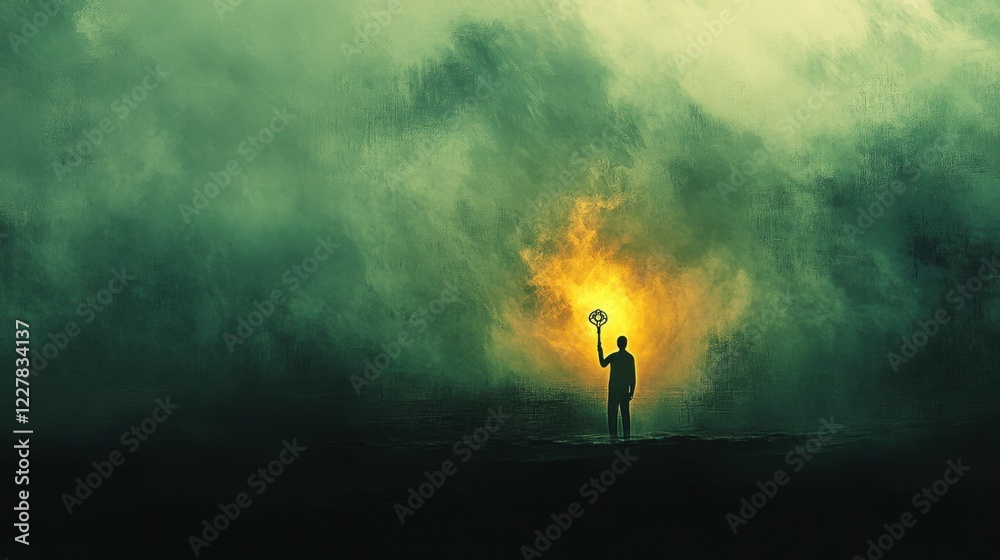 Fototapeta premium Surreal Figure Holding Glowing Key in Dark Atmosphere