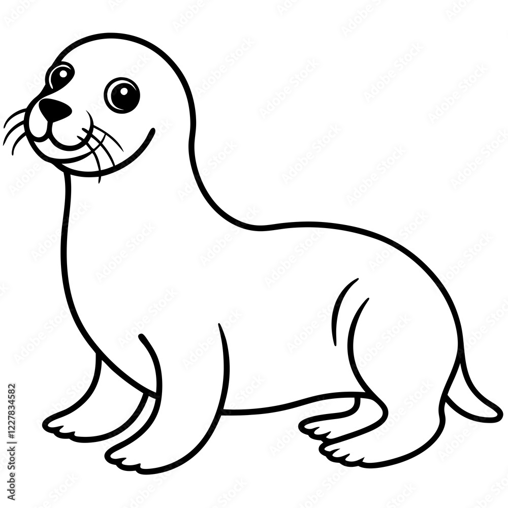 Obraz premium Cute Sea Lion Silhouette Line Art Black Vector Carton Illustration