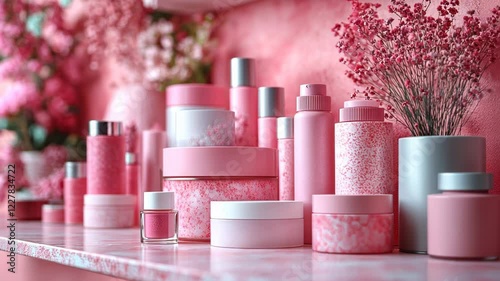A vibrant display of pink cosmetic products on a stylish shelf with flowers