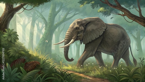 a digital illustration of an elephant walking through a lush