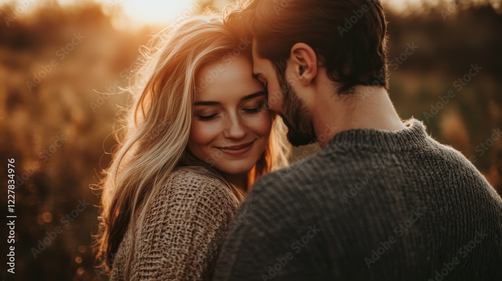 Romantic Couple Embracing During Golden Hour in Natural Setting Romantic Couple Embracing During Golden Hour in Natural Setting