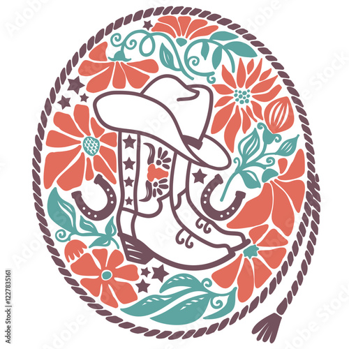 Cowboy boots with floral decoration and rope frame. Vector wild west colors illustration 