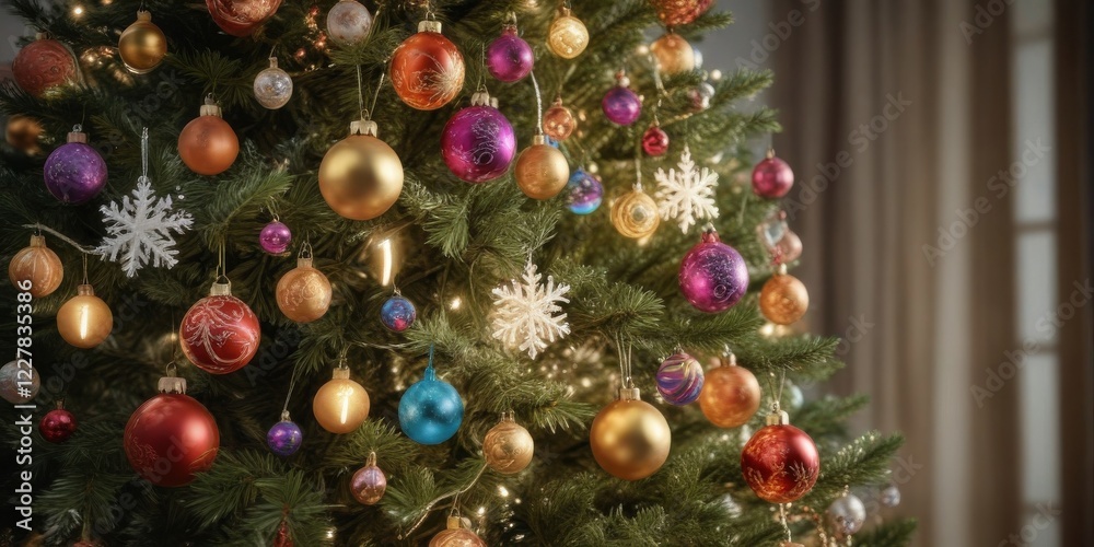 Fototapeta premium Snowflakes fall gently on a festive Christmas tree decorated with colorful ornaments and twinkling lights, tree, holiday