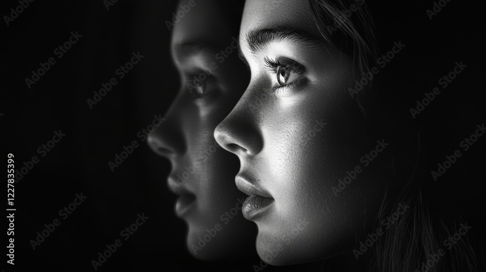 Fototapeta premium Portrait of a Young Girl in Dramatic Black and White Lighting