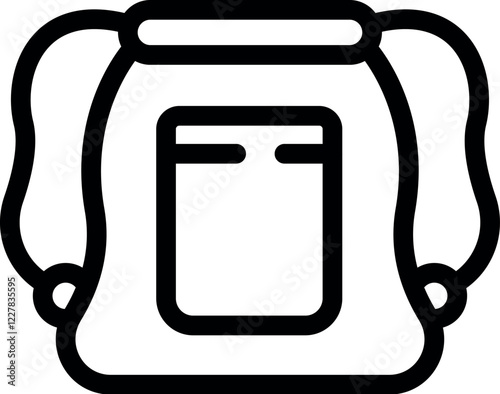 Simple black and white line art icon of a small backpack featuring a drawstring closure and a prominent front pocket, ideal for carrying essentials