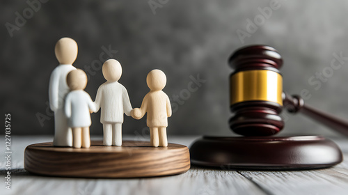 Wooden gavel and a family of three figurines on wooden surface, family law and divorce cases concept photo