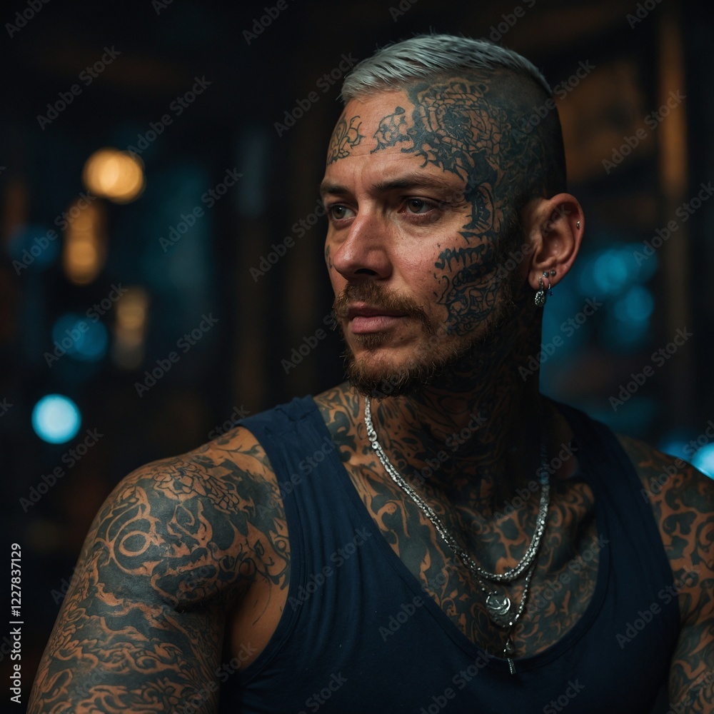 Obraz premium A character with glowing tattoos telling their life story.