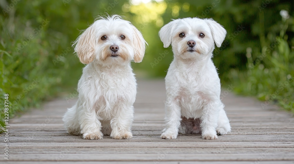Two fluffy white dogs sitting on a wooden path in a green forest Two fluffy white dogs sitting on a wooden path in a green forest
