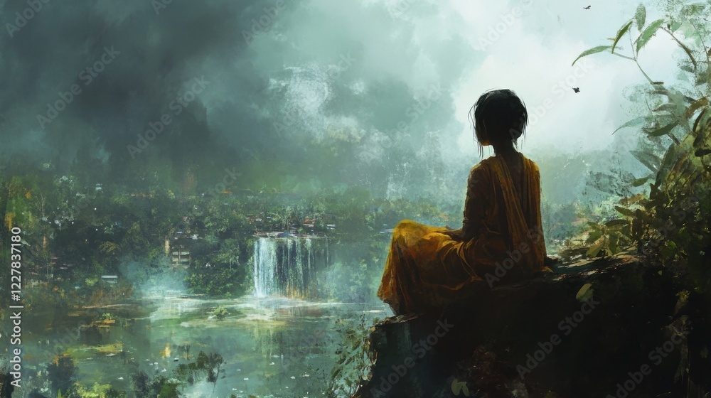 Obraz premium Serene contemplation by a misty waterfall, a woman in an orange robe finds peace amidst lush greenery and cascading water. A tranquil scene evoking calmness and spiritual reflection.