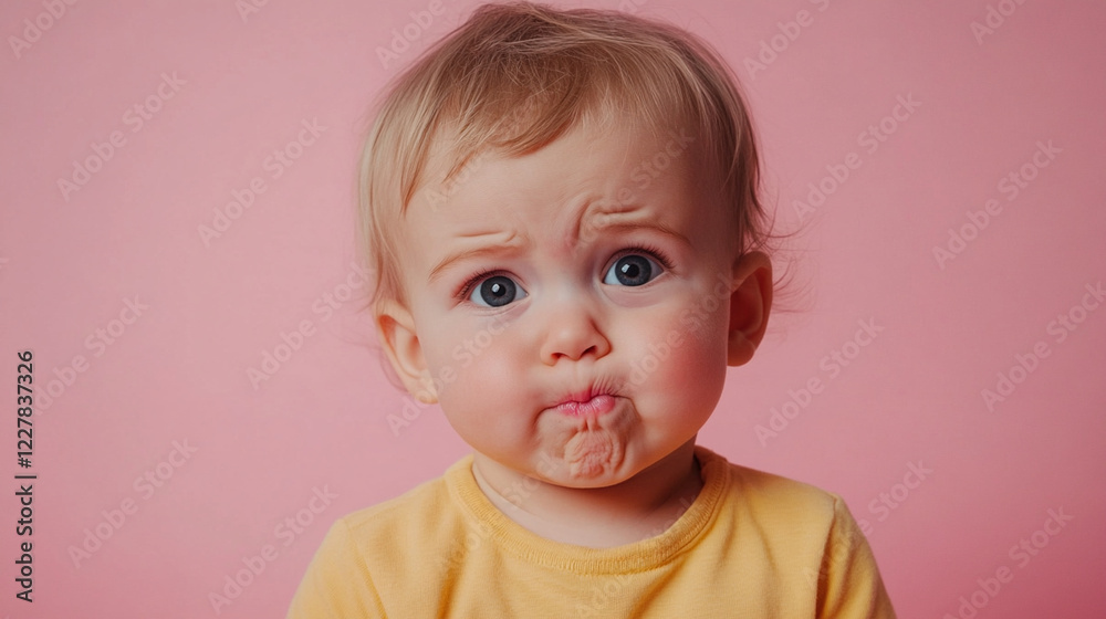 Unhappy and Dissatisfied Toddler Baby Isolated on a Pink Studio Background Unhappy and Dissatisfied Toddler Baby Isolated on a Pink Studio Background