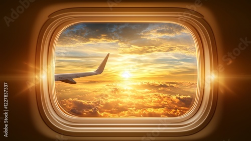Airplane view wing from illuminator, view from window plane, Window view from an airplane seat showing the wing of the plane and a dreamy sunset horizon photo