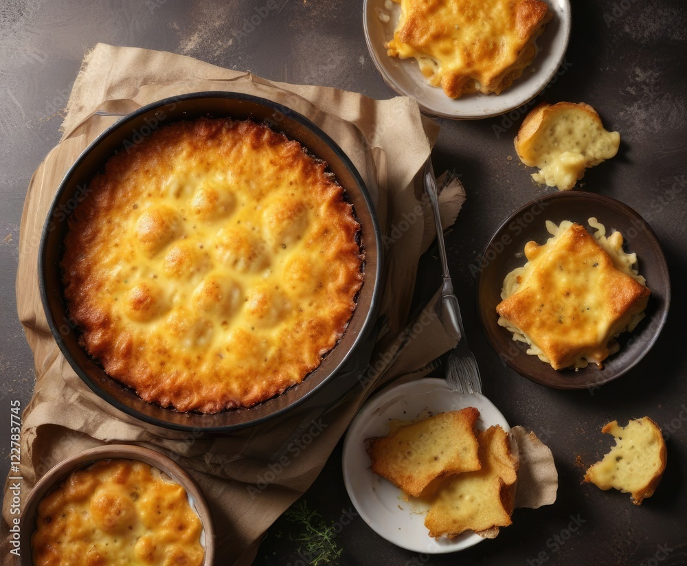 Baked golden brown gratin with melted cheese on top , dairy, rich, freshly made Baked golden brown gratin with melted cheese on top , dairy, rich, freshly made