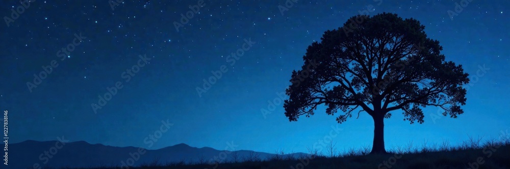 Fototapeta premium Silhouette of a tree with leaves and branches against dark blue night sky, night sky, tree
