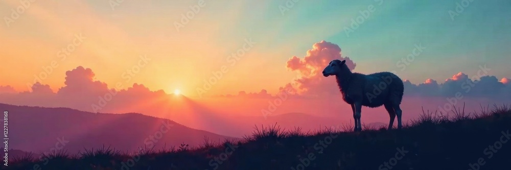 Fototapeta premium Silhouette of a sheep standing on a hillside with clouds, hills, sheep