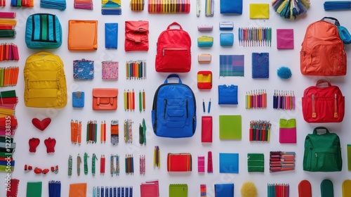 Colorful school supplies and backpacks arranged neatly on a white background for back-to-school promotions photo