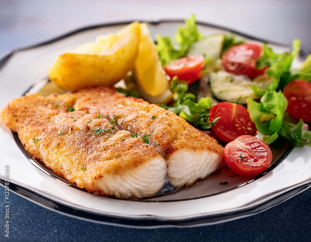 Fish fillet with potatoes and salad, vegetarian dinner Fish fillet with potatoes and salad, vegetarian dinner