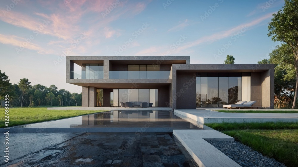 A modern luxury villa with a cubic structure, highlighted by wooden cladding, white panels, and a thoughtfully designed front yard A modern luxury villa with a cubic structure, highlighted by wooden cladding, white panels, and a thoughtfully designed front yard