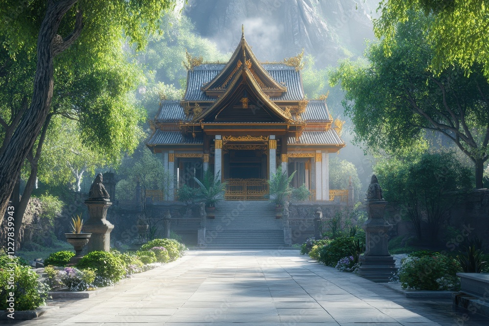 Serene temple viewed through lush greenery in a tranquil mountain setting during daylight Serene temple viewed through lush greenery in a tranquil mountain setting during daylight