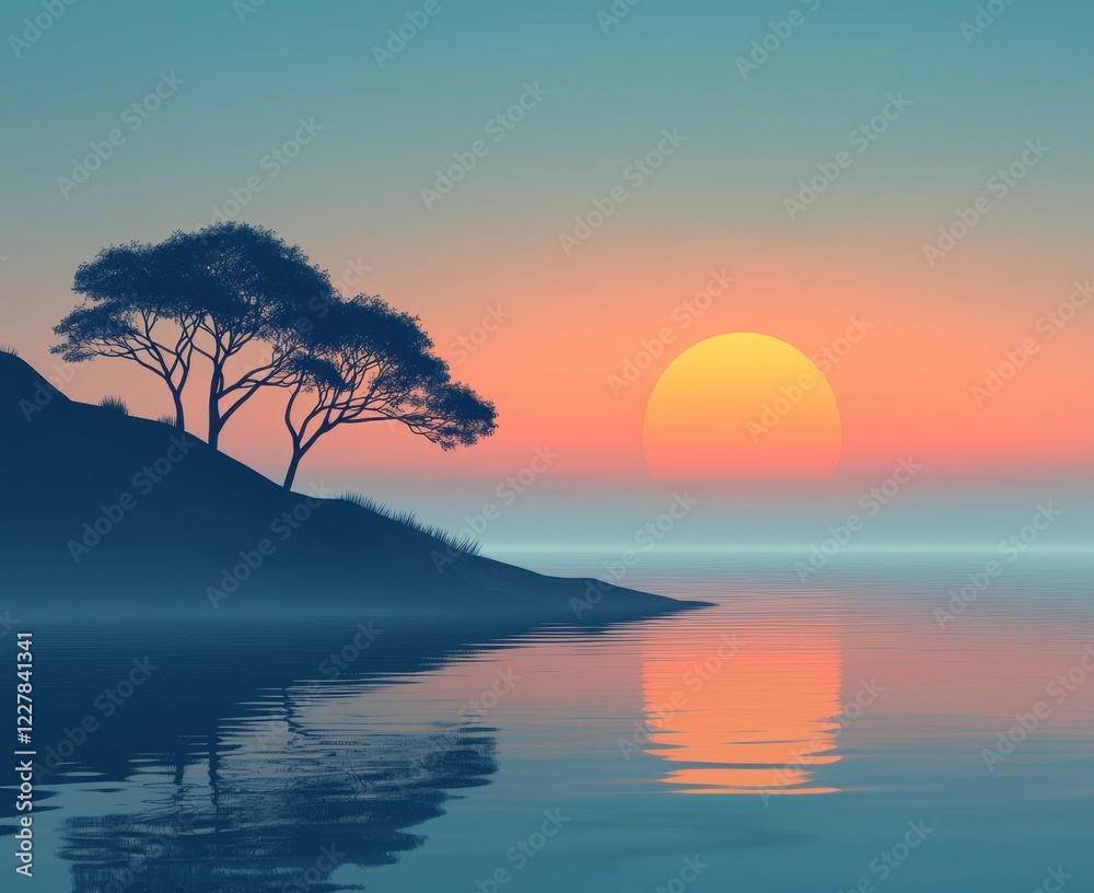 Tranquil Sunset Over Still Waters With Silhouette Of Tree Against Peaceful Horizon Tranquil Sunset Over Still Waters With Silhouette Of Tree Against Peaceful Horizon