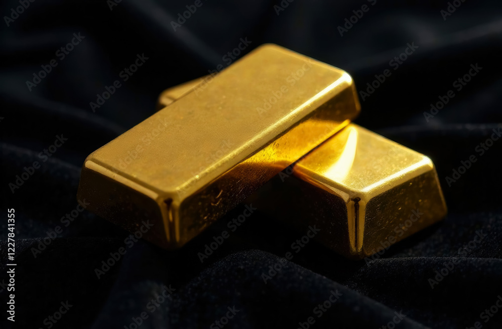 two gold bars lying on top of each other on a velvet table, side view two gold bars lying on top of each other on a velvet table, side view
