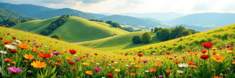 Rolling hills with wildflowers in full bloom, hills, outdoors Rolling hills with wildflowers in full bloom, hills, outdoors
