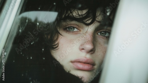 Thoughtful person gazing out of window morning light portrait soft focus eye level reflection photo