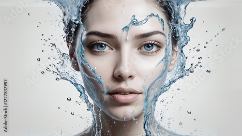 Woman with light skin and blue eyes has water splashed in her face photo