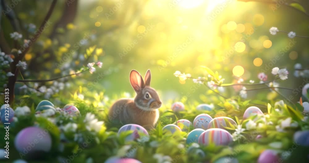 cute easter bunny colorful eggs meadow blooming trees sunlight joyful celebration