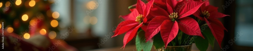Poinsettia flowers in a festive vase under twinkling lights, golden accents, holiday decor Poinsettia flowers in a festive vase under twinkling lights, golden accents, holiday decor