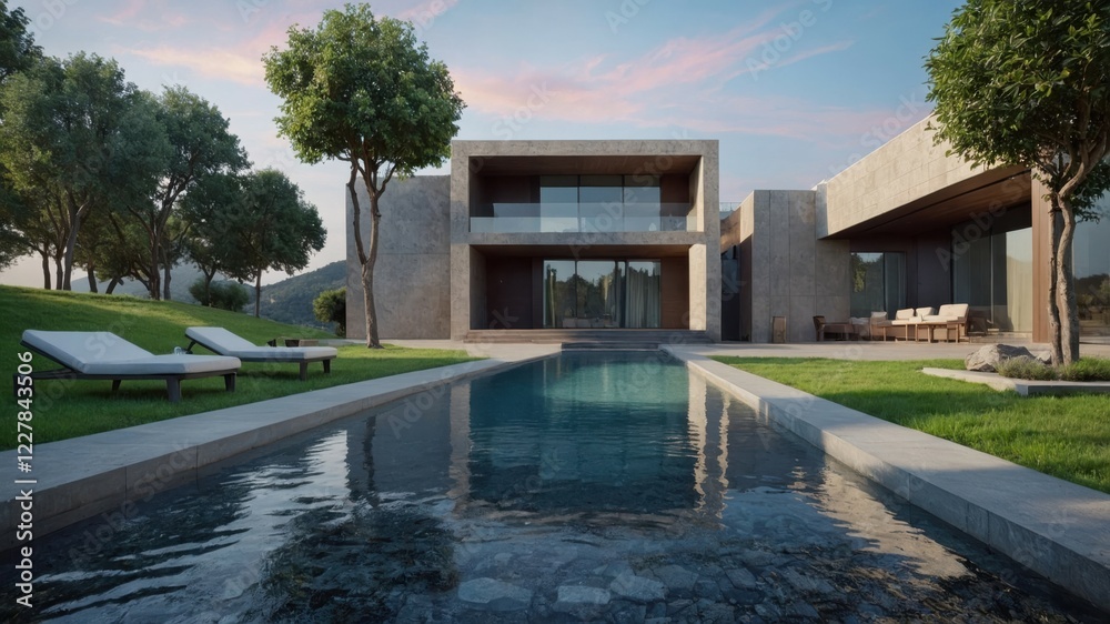 A modern luxury villa with a cubic structure, highlighted by wooden cladding, white panels, and a thoughtfully designed front yard A modern luxury villa with a cubic structure, highlighted by wooden cladding, white panels, and a thoughtfully designed front yard