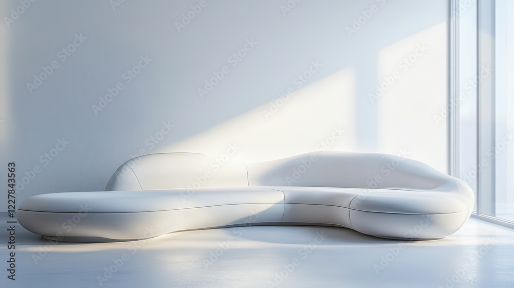 Modern white sectional sofa, sunlit room, minimalist interior, design