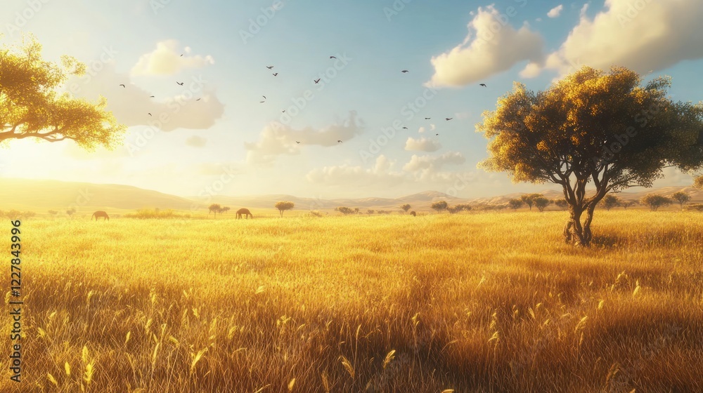 Obraz premium Golden African Savanna Sunset: Serenity in the Wild